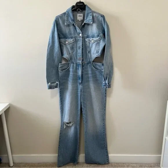 BLOGGERS FAV ZARA LIMITED EDITION CUT OUT SIDE DISTRESSED DENIM JUMPSUIT Size L - Picture 5 of 15